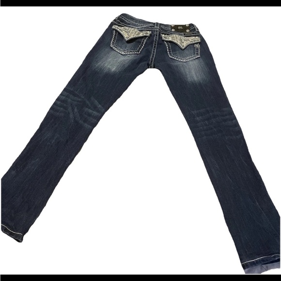 Rock Revival Rhinestone Miss Me Blue Boot Cut Jeans with Lace Overlay  Pockets - Picture 4 of 5